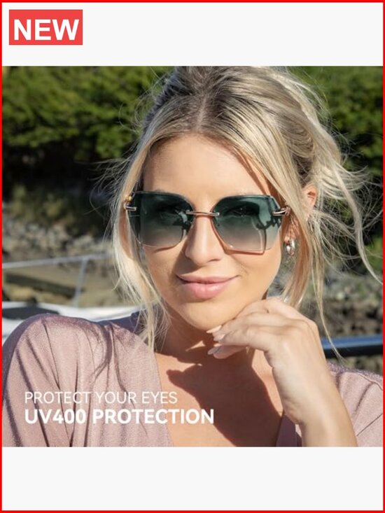 Geometric Diamond Cutting Oversized Rimless Sunglasses UV400 Protection main image 7